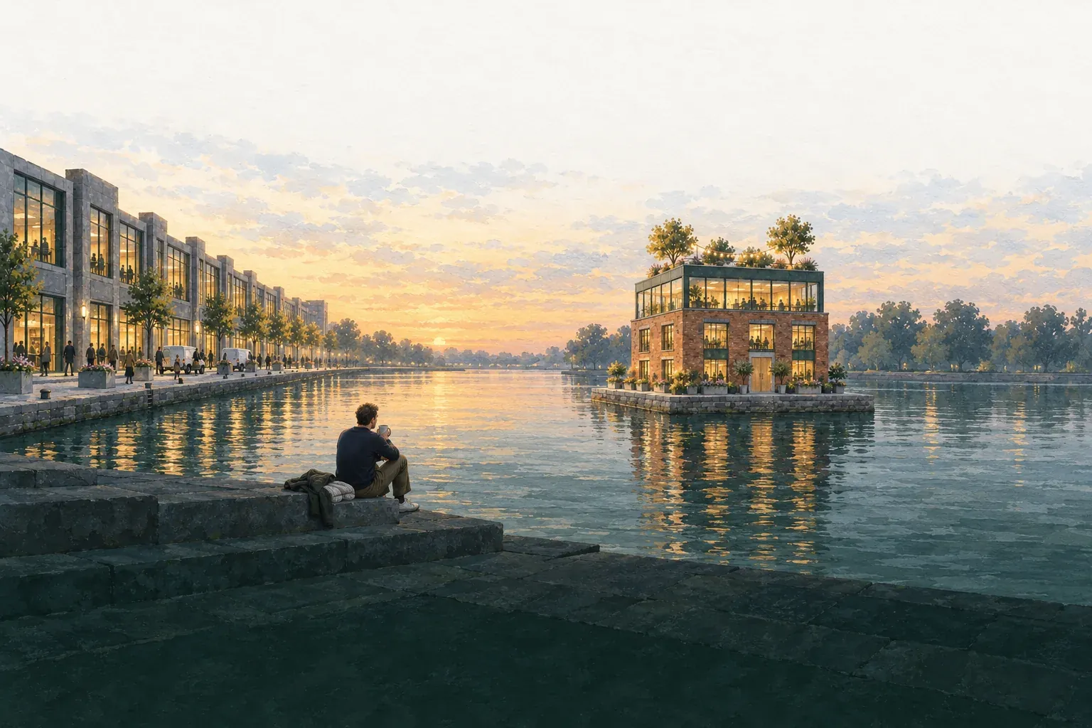 At the end of the day, the owner sits on the quayside steps with a mug of tea, looking across the water at their Digital Home.