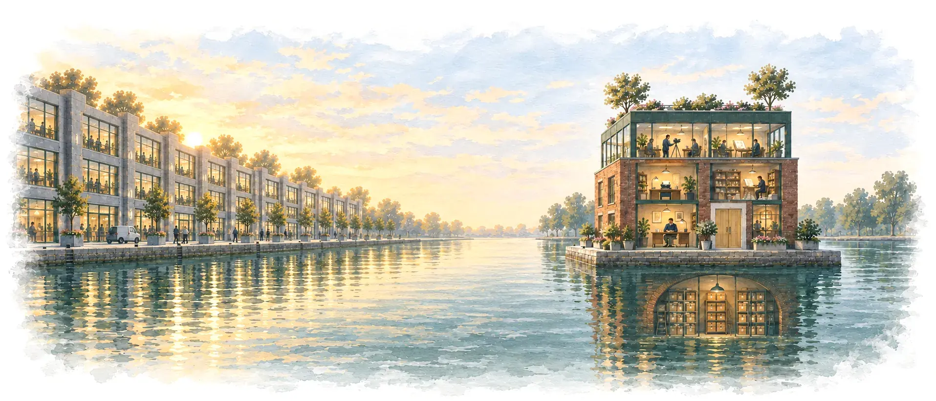 Across the canal basin from a long row of identical grey offices, the red-brick Digital Home stands on its own island with its front wall cut away: a worker at each desk, the owner on the ground floor, and an archive below the waterline.