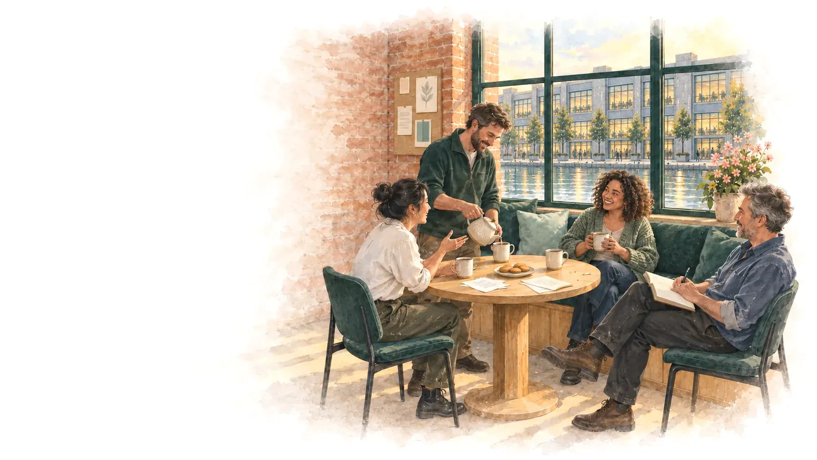 An illustrated tea break inside the Digital Home: one person pours from a teapot while three others share mugs, biscuits and a laugh round an oak table, with the grey quay offices across the water behind them.