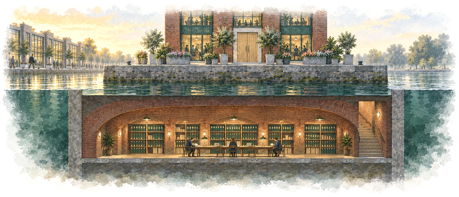A cutaway of the Digital Home island at the waterline. Below the water runs a long arched brick archive of shelves and binders, where three people read at a long table.